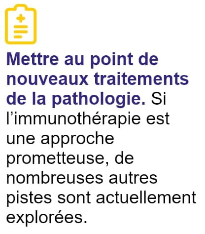 Mettre au point de nouveaux traitements de la pathologie. Si l'immunothérapie est une approche prometteuse, de nombreuses autres pistes sont actuellement explorées.