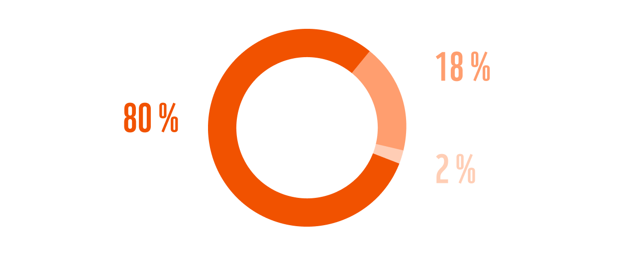 Total des dépenses en 2024-2025 (38,1 M€) : 80 % missions sociales, 18 % recherche de fonds, 2 % fonctionnement.